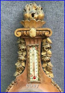 Antique french Art Nouveau barometer thermometer early 1900's wood stucco