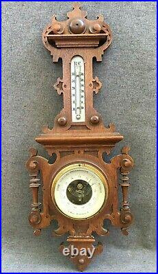 Antique german black forest barometer thermometer early 1900's woodwork brass