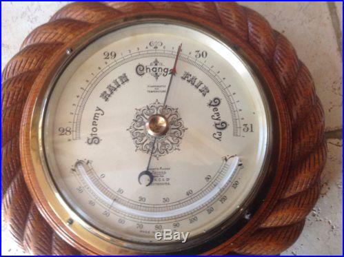 Antique oak Cased Barometer Thermometer London England Made Rope Twist