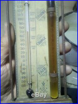 Antique old Pools cottage Storm Thermometer barometer 1890s wooden metal glass