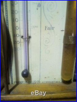 Antique old Wheatlet cottage barometer thermometer Franklin Mills wooden nice