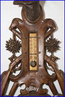 Antique ornate carved black Forrest wood hunting German wall barometer sculpture