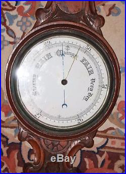 Antique unusual banjo barometer with thermometer carved oak flowers exposition