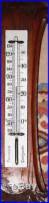 Antique unusual banjo barometer with thermometer carved oak flowers exposition