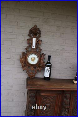 Antique wood carved hunting trophy wall barometer dog Antique wood carved hunting trophy wall barometer dog