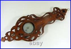 Art Nouveau French Carved Wood Barometer / Thermometer