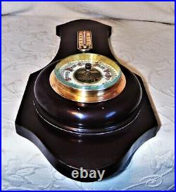 Atq Taylor wood & brass wall barometer 19 weather base with two thermometers vguc