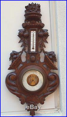 BEST Antique BAROMETER THERMOMETER Oak Wood Carved Black Forest 1890 SIGNED
