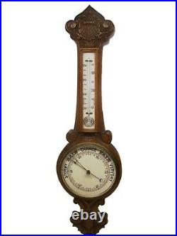 Beautiful Antique Carved English OaK Banjo Shaped Barometer/Thermometer NICE