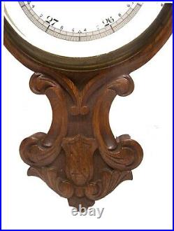 Beautiful Antique Carved English OaK Banjo Shaped Barometer/Thermometer NICE