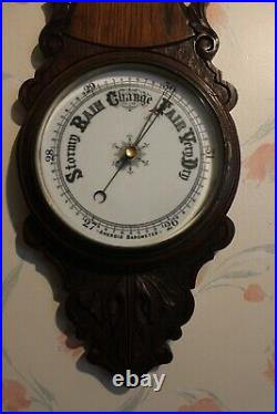 Beautiful Antique English Carved Oak Banjo Wall Aneroid Barometer / Thermometer