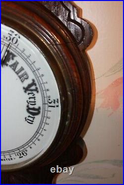 Beautiful Antique English Carved Oak Banjo Wall Aneroid Barometer / Thermometer