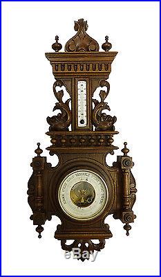 Beautiful Antique French Hand Carved Aneroid Barometer Thermometer at 1900