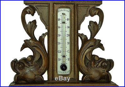 Beautiful Antique French Hand Carved Aneroid Barometer Thermometer at 1900