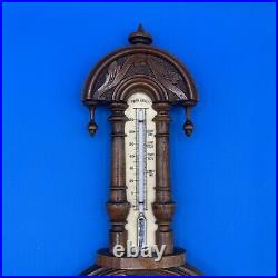 Beautiful Antique Wall Wood Carved Black Forest Barometer Thermometer