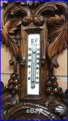 Beautiful Antique Wood Carved Barometer Thermometer Walnut 1890