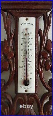 Beautiful French Antique Carved Wood Aneroid Barometer Thermometer Black Forest