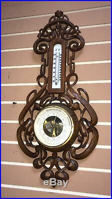 Beautiful Large Antique Wood Carved Barometer Thermometer Walnut 1890