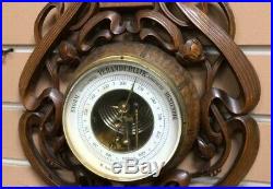 Beautiful Large Antique Wood Carved Barometer Thermometer Walnut 1890