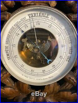 Black Forest Barometer Thermometer Carved Walnut Signed French Barometer