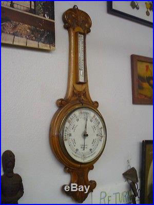 C1840-60 Antique Barometer & Thermometer Detailed Porcelane Dials Carved Oak