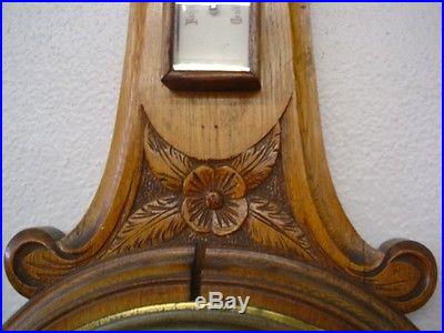 C1840-60 Antique Barometer & Thermometer Detailed Porcelane Dials Carved Oak