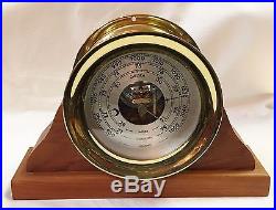 CHELSEA SHIP'S BELL 4 1/2 BRASS BAROMETER on WOODEN STAND