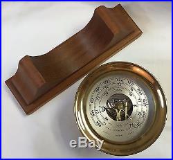 CHELSEA SHIP'S BELL 4 1/2 BRASS BAROMETER on WOODEN STAND