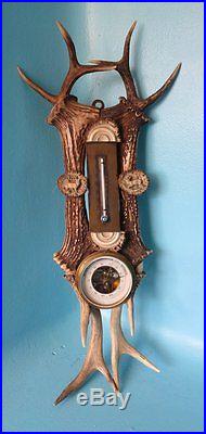 C. 1880 Antique Stag Antler Barometer Thermometer Hunt Carved Antler Rosette Deer