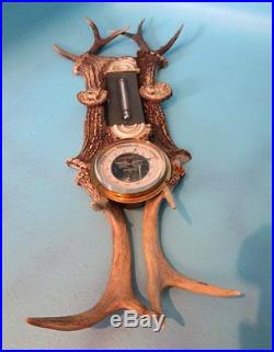 C. 1880 Antique Stag Antler Barometer Thermometer Hunt Carved Antler Rosette Deer