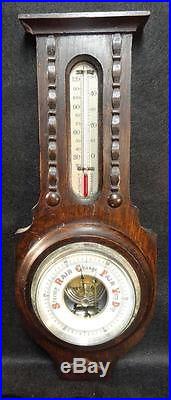 C. 1900 Unmarked English Barometer & thermometer in Carved Solid Oak Case-. 99