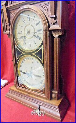 Carved Waterbury Perpetual Calendar Clock-Double Dial With Fluted Full Columns