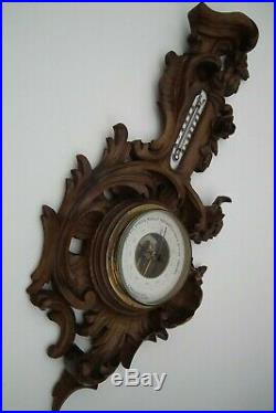 Carved wood barometer baroque barometer & thermometer 19 th C