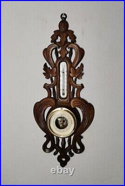 Circa 1893 Small antique weather station, barometer, carved wood