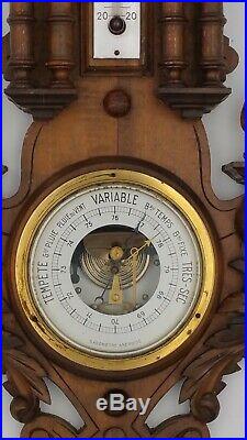 Circa 1920s Carved Antique Barometre Aneroide & Thermometer Marked L M