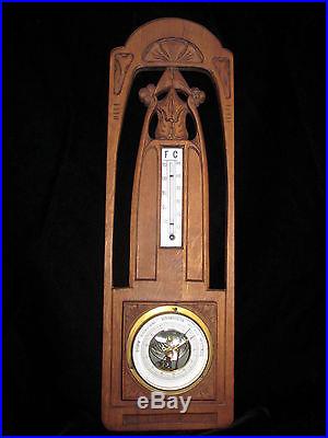 DUTCH ART NOUVEAU WOOD HAND CARVED BAROMETER MILK GLASS THERMOMETER ORIGINAL