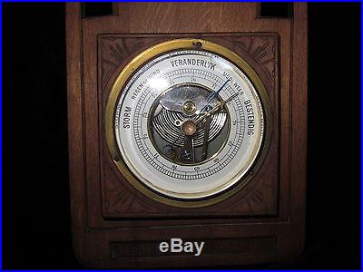 DUTCH ART NOUVEAU WOOD HAND CARVED BAROMETER MILK GLASS THERMOMETER ORIGINAL