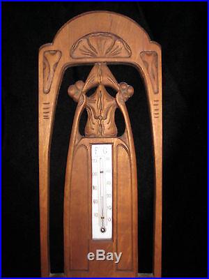 DUTCH ART NOUVEAU WOOD HAND CARVED BAROMETER MILK GLASS THERMOMETER ORIGINAL