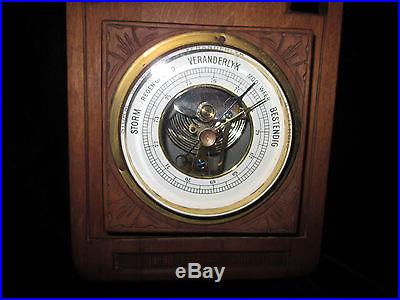 DUTCH ART NOUVEAU WOOD HAND CARVED BAROMETER MILK GLASS THERMOMETER ORIGINAL