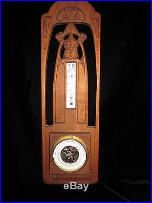 DUTCH ART NOUVEAU WOOD HAND CARVED BAROMETER MILK GLASS THERMOMETER ORIGINAL