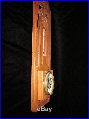 DUTCH ART NOUVEAU WOOD HAND CARVED BAROMETER MILK GLASS THERMOMETER ORIGINAL