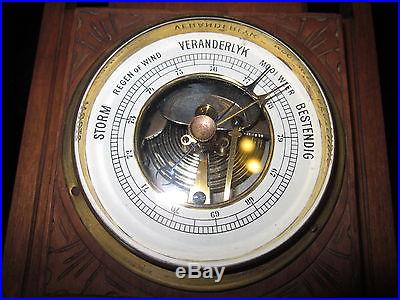 DUTCH ART NOUVEAU WOOD HAND CARVED BAROMETER MILK GLASS THERMOMETER ORIGINAL