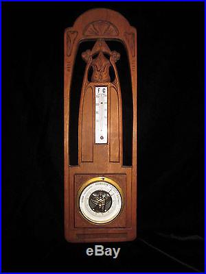 DUTCH ART NOUVEAU WOOD HAND CARVED BAROMETER MILK GLASS THERMOMETER ORIGINAL