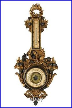 Early 20th Century Italian Carved Gilt, Ebonized & Painted Wood Barometer