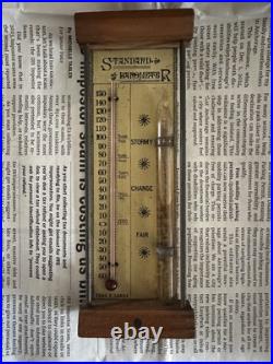 Early Antique Tin And Wood Standard Barometer/Thermometer Chas E. Large
