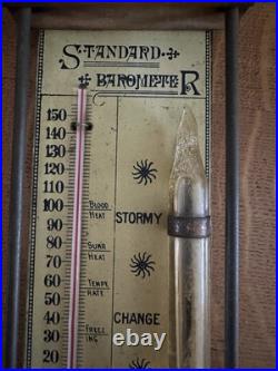 Early Antique Tin And Wood Standard Barometer/Thermometer Chas E. Large