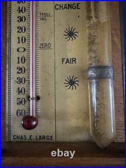 Early Antique Tin And Wood Standard Barometer/Thermometer Chas E. Large