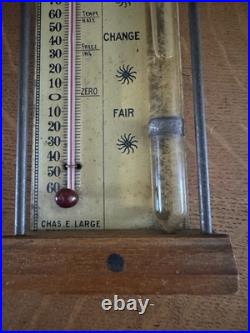 Early Antique Tin And Wood Standard Barometer/Thermometer Chas E. Large