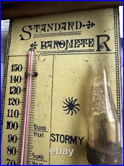 Early Antique Tin And Wood Standard Barometer/Thermometer Chas E. Large
