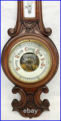 Early CARVED OAK Barometer / Thermometer FULLY FUNCTIONING Milk Glass 19th C